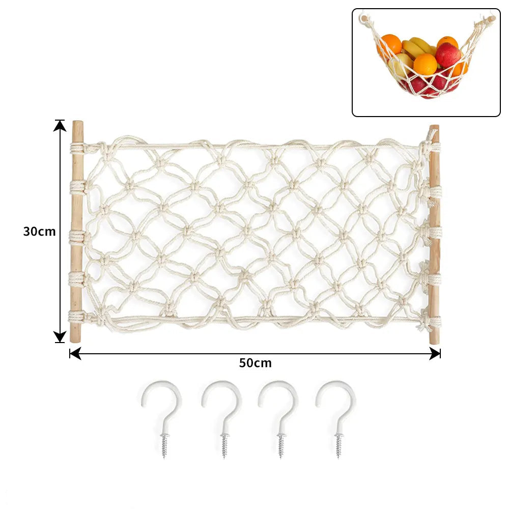 Hängende Obst-Hängematte – Platzsparende Küchenaufbewahrung, Boho Geflochtenes Design, Inklusive Haken (Gerade Enden / Abgerundete Enden)