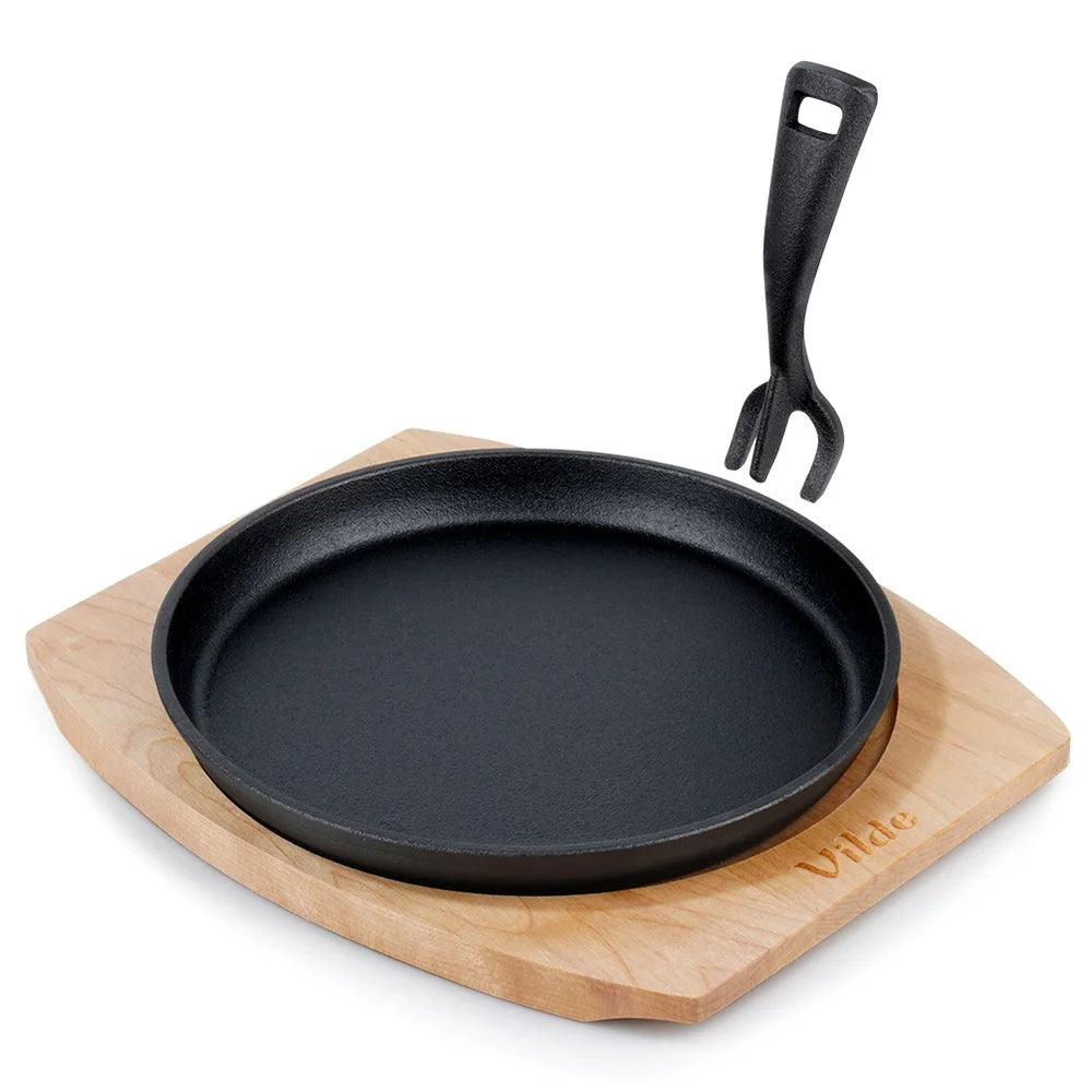 Gusseisen Servierpfanne mit Holzbrett – 22 cm, abnehmbarer Griff, für Herd & Ofen
