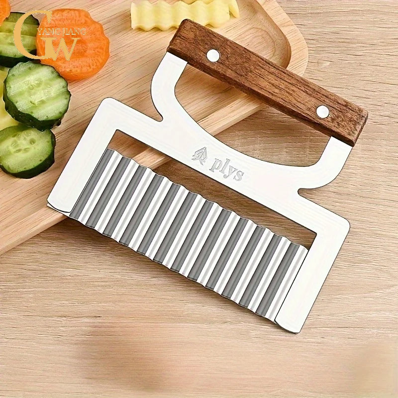 Multifunktionales Edelstahl Wellenmesser – Kartoffel- und Gemüseschneider, Rutschfestes Holzgriff, 15,5 x 7,1 cm