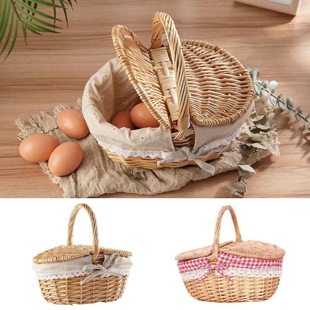 Handgemachte Rieten Picknickmand mit Deksel und Handvat, Wilg Geweven, Wasbare Voering, Opslagmand für Kamperen, 26x18x15cm, Weiß und Rot