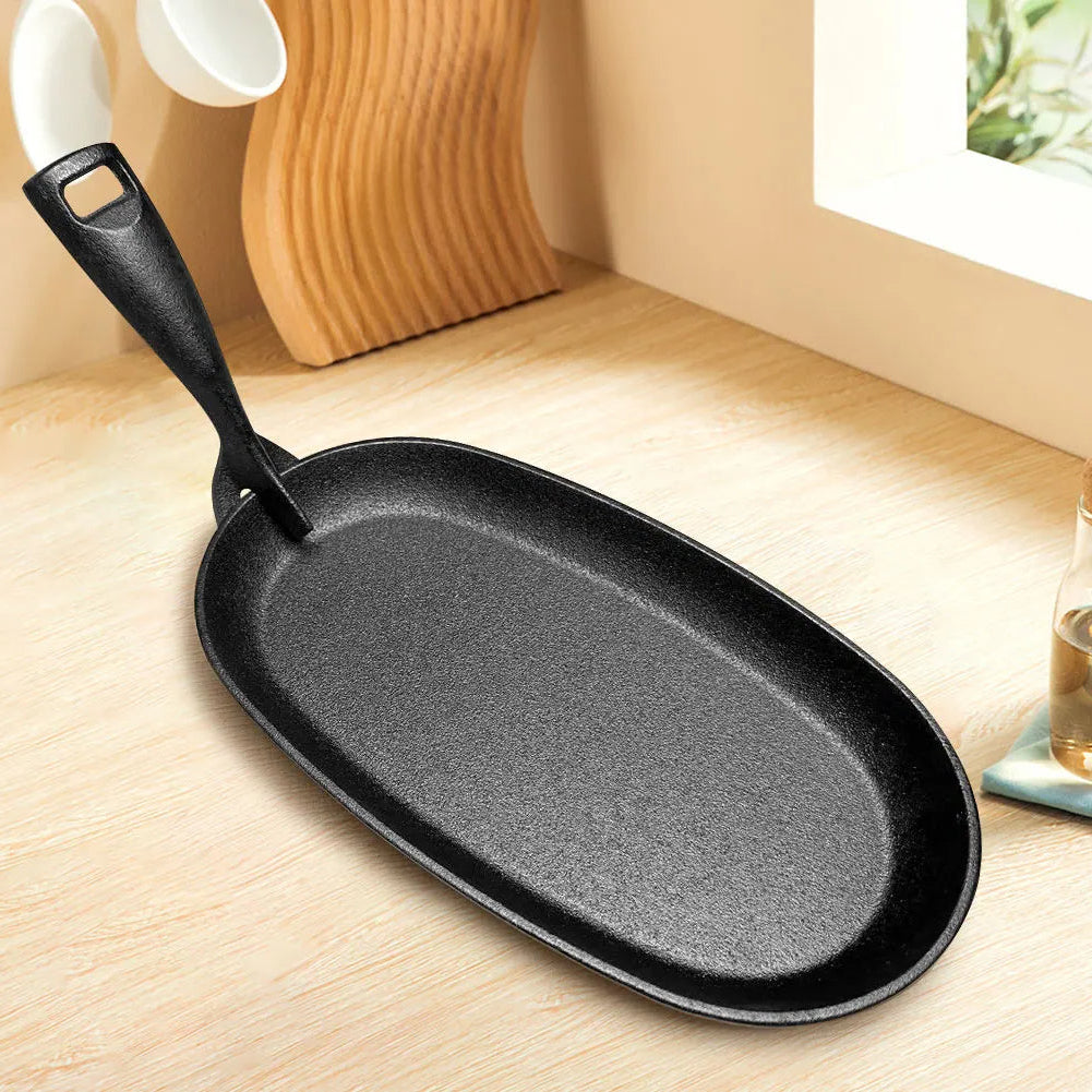 Gusseisen Sizzler Pfanne Oval 27 cm – Steakplatte, Fajita Pfanne, Grill- und Bratplatte für Herd und Grill