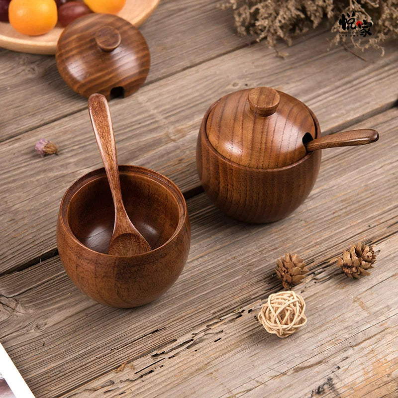 2er Set Küchen Kräuterpot mit Deckel und Löffel – Retro Holz Salz- und Gewürz Aufbewahrungstopf