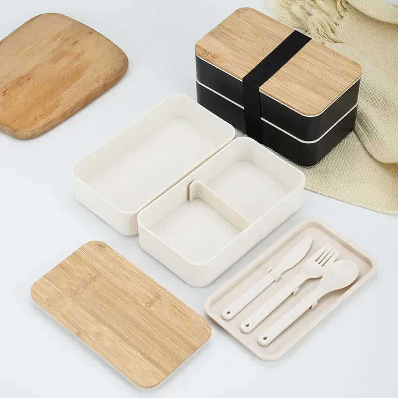 Doppellagige Bento Box 1200ml – Mikrowellengeeignete Lunchbox mit Besteck, Minimalistisches Design