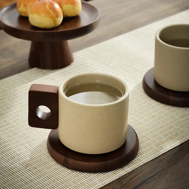 Vintage Kaffeetasse mit Holzgriff – Keramik, 300 ml, inkl. Serviertablett – Antikes Design für Zuhause & Büro