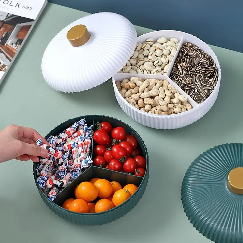 Servierschale mit Deckel – 4 Fächer – Aufbewahrungsbox für Snacks, Trockenfrüchte & Süßigkeiten – 21 x 13 cm