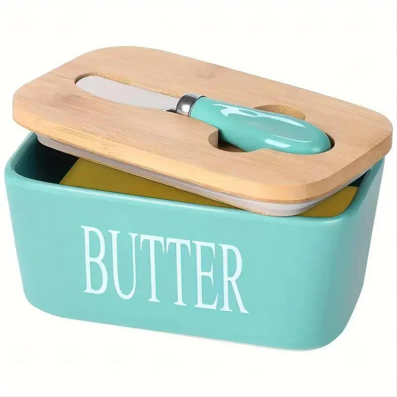 Keramische Boterdoos für Lebensmittelaufbewahrung, Schale mit Holzdeckel und Mini-Buttermesser, weiße und grüne Farben