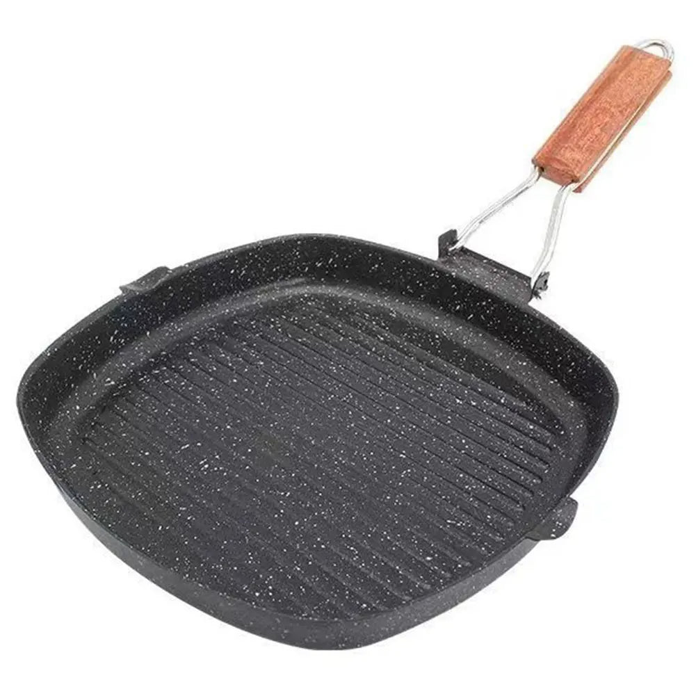 Grillpfanne mit Antihaftbeschichtung – Steakpfanne mit klappbarem Holzgriff – 28 x 24 cm – Geeignet für Fleisch, Fisch und Gemüse