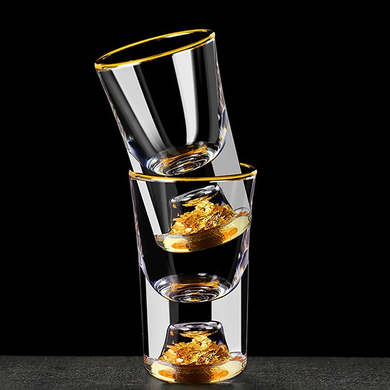 Set aus 6 Kristall Wodkagläsern – Doppelwandig – Goldfolie – 10 ml