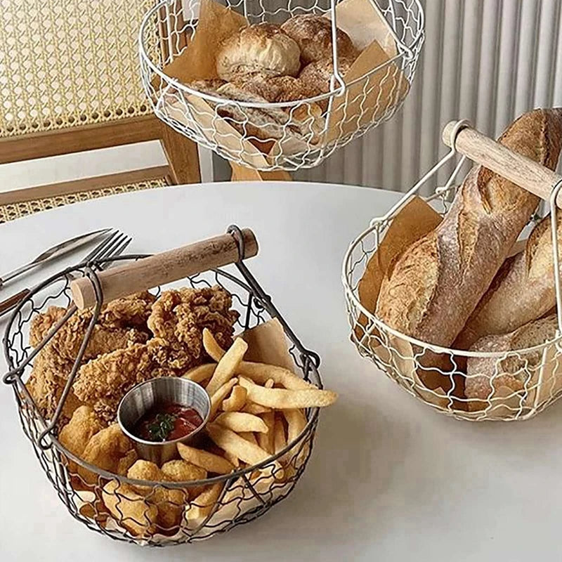 Metallkorb mit Holzgriff – Dekorative Servier- und Aufbewahrungskorb für Brot, Obst, Eier – Vielseitiger Organizer für Küche, Picknick und mehr