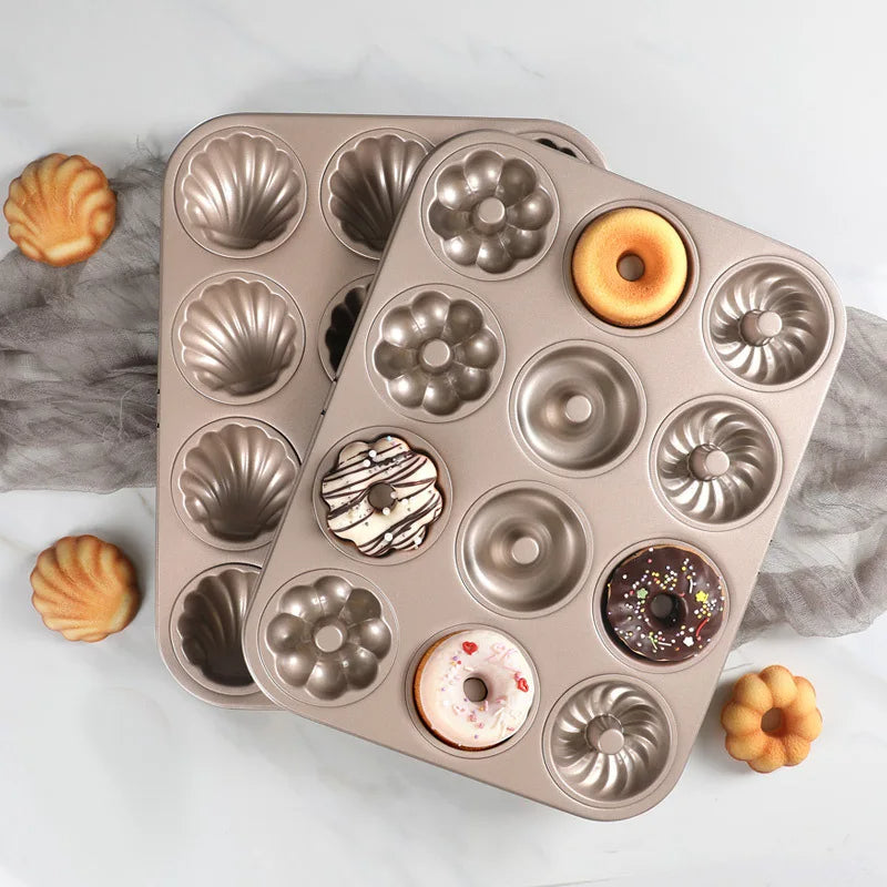 Antihaft Donut Backform aus Kohlenstoffstahl – 12er Herz- & Blumenform
