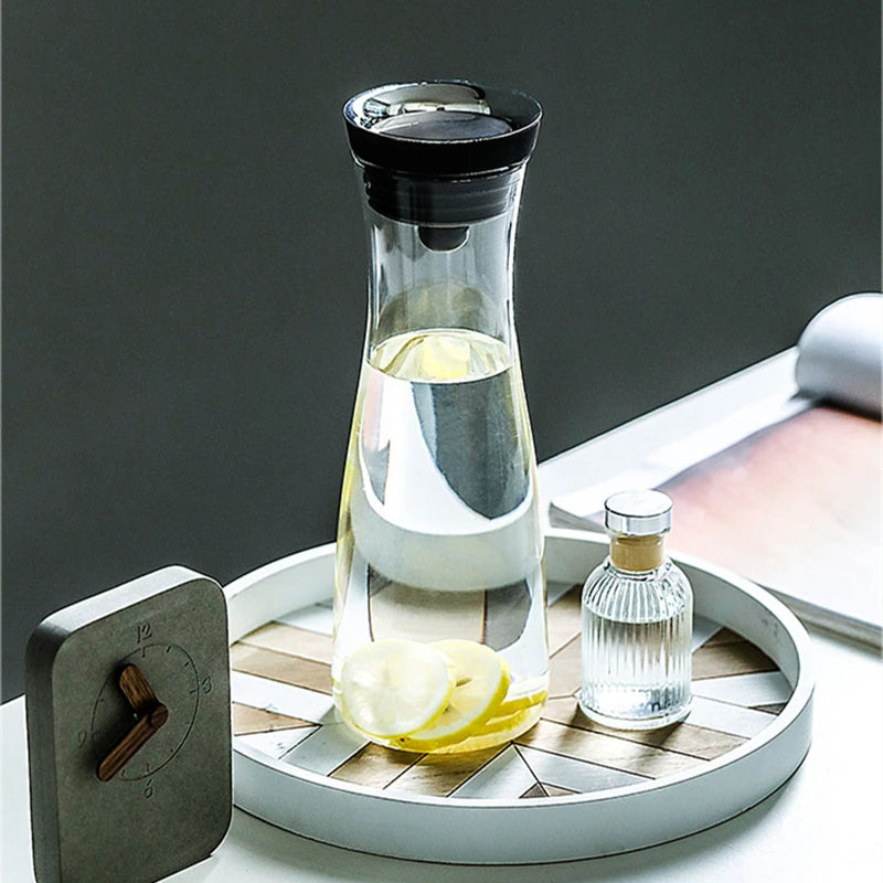 Glas Wasserflasche 1,2L – Hitzebeständig Borosilikatglas – Edelstahl Deckel