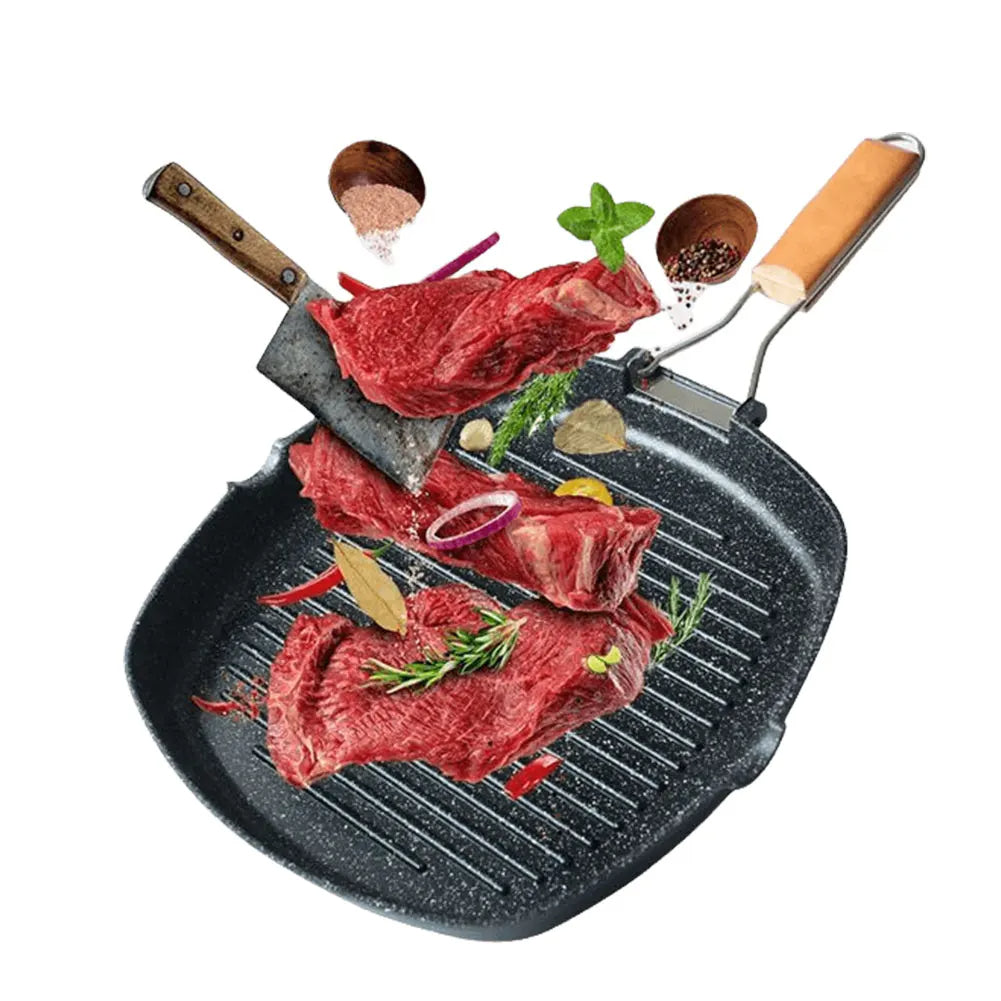 Grillpfanne mit Antihaftbeschichtung – Steakpfanne mit klappbarem Holzgriff – 28 x 24 cm – Geeignet für Fleisch, Fisch und Gemüse