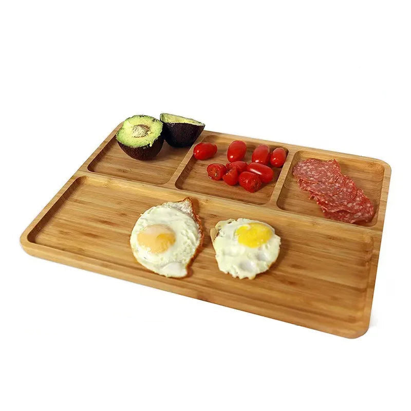 Bambus Serviertablett mit 4 Fächern – Praktische Snack- und Vorspeisenplatte 33 x 19,5 cm