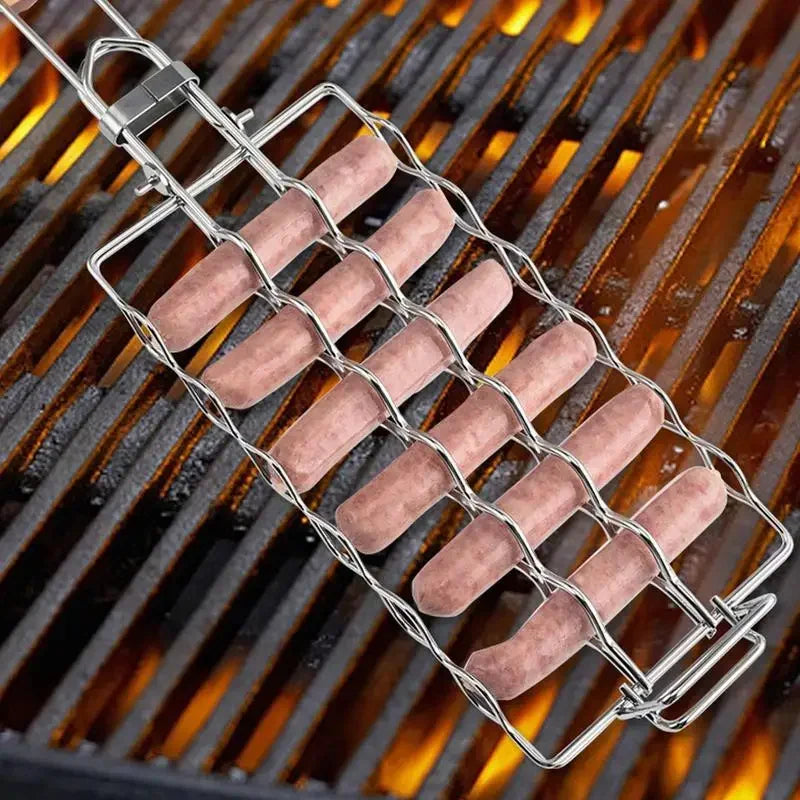 BBQ Grillkorb aus Edelstahl mit Holzgriff – 49,5 × 12 cm