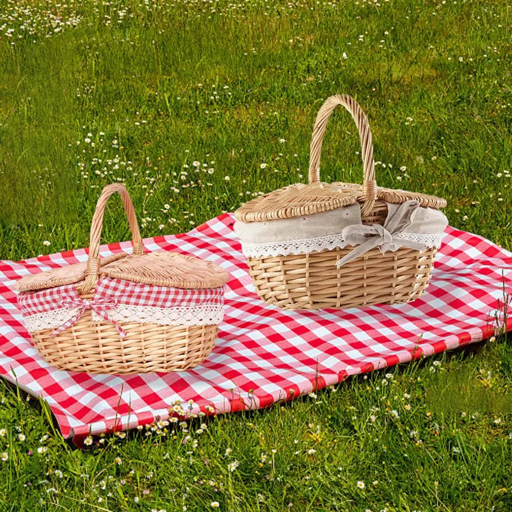 Handgemachte Rieten Picknickmand mit Deksel und Handvat, Wilg Geweven, Wasbare Voering, Opslagmand für Kamperen, 26x18x15cm, Weiß und Rot