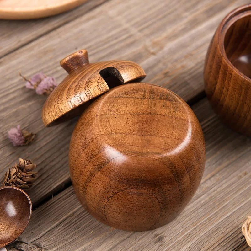 2er Set Küchen Kräuterpot mit Deckel und Löffel – Retro Holz Salz- und Gewürz Aufbewahrungstopf