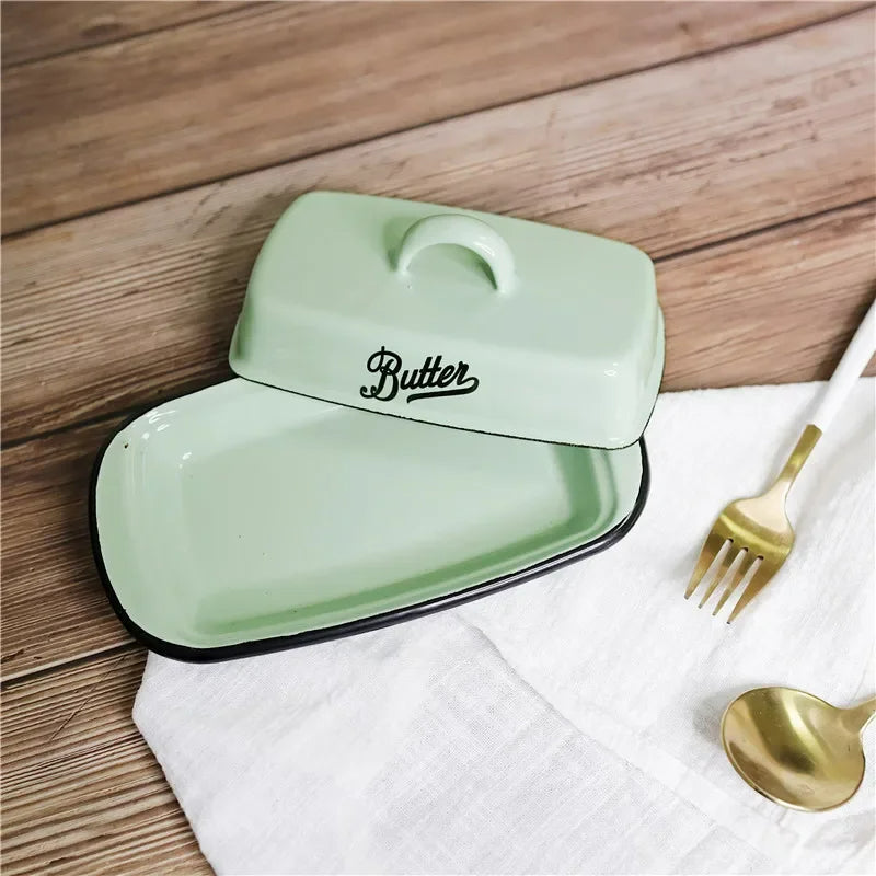 Retro Emaille Snackbox mit Deckel – Weiß/Grün – Butter- und Käsebox für Küche und Zuhause