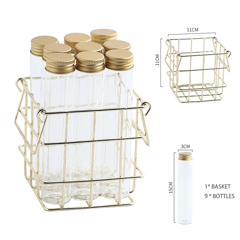 Aufbewahrungsbox mit 9 Glasflaschen und Aluminiumdeckeln – Tee- & Kaffee-Caddy mit Metallgestell