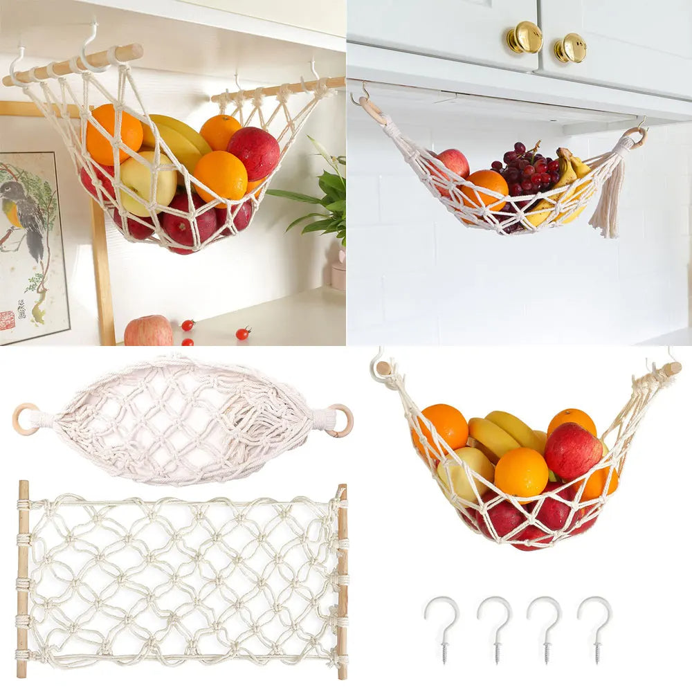 Hängende Obst-Hängematte – Platzsparende Küchenaufbewahrung, Boho Geflochtenes Design, Inklusive Haken (Gerade Enden / Abgerundete Enden)