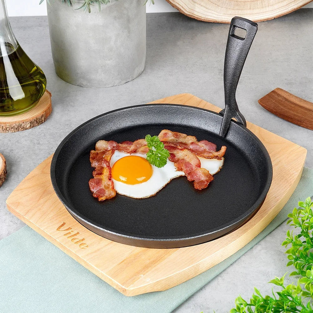 Gusseisen Servierpfanne mit Holzbrett – 22 cm, abnehmbarer Griff, für Herd & Ofen