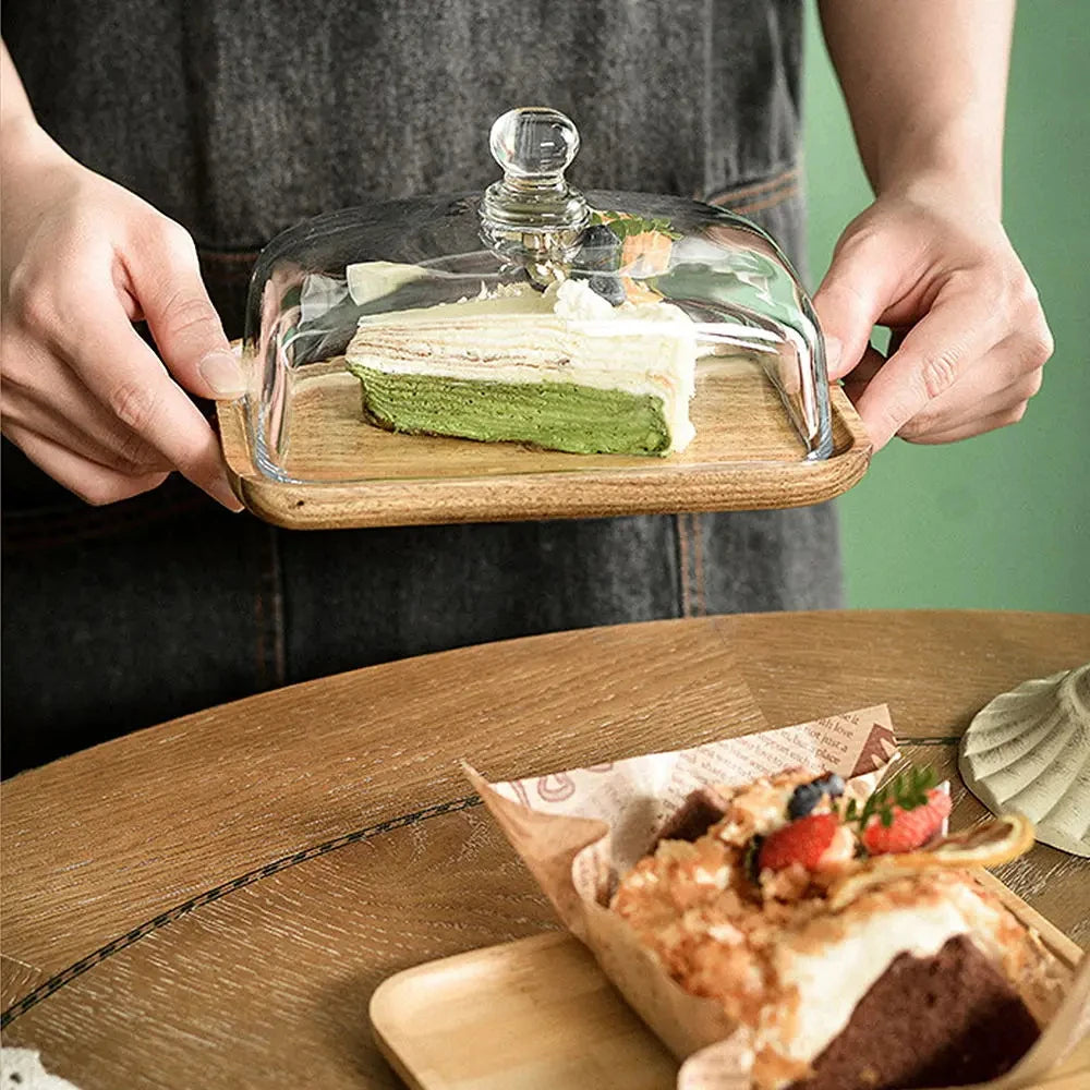 Bambus Cakeplate mit Transparentem Glasdeckel – Hochzeit Dessert Display Rack – Akazienholz oder Bambus