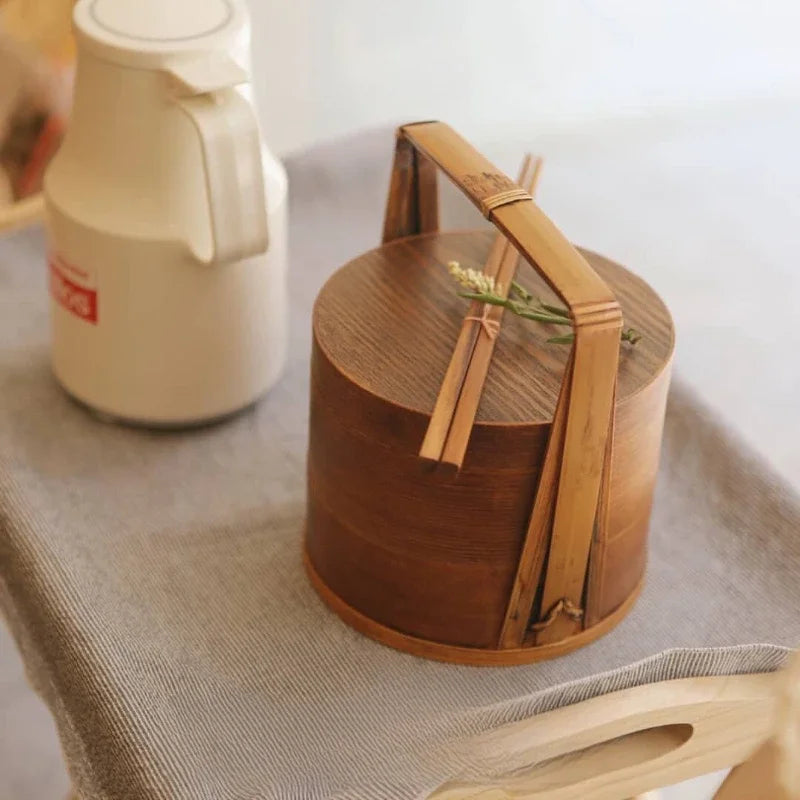 Mehrschichtige Holz-Lunchbox rund 15 x 18,5 cm – Perfekt für Sushi und Snacks