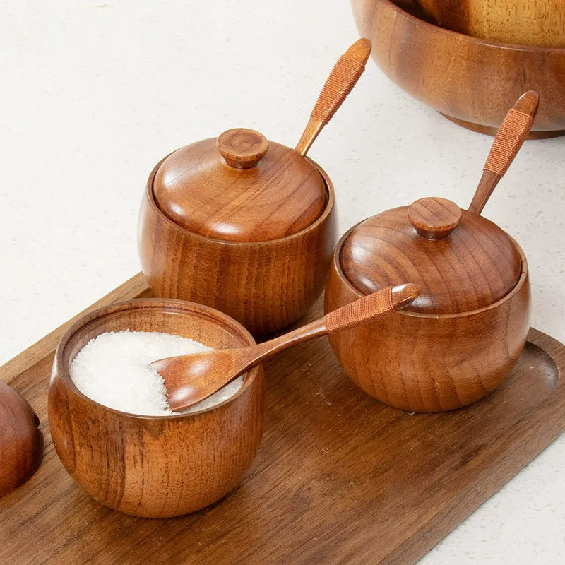 2er Set Küchen Kräuterpot mit Deckel und Löffel – Retro Holz Salz- und Gewürz Aufbewahrungstopf
