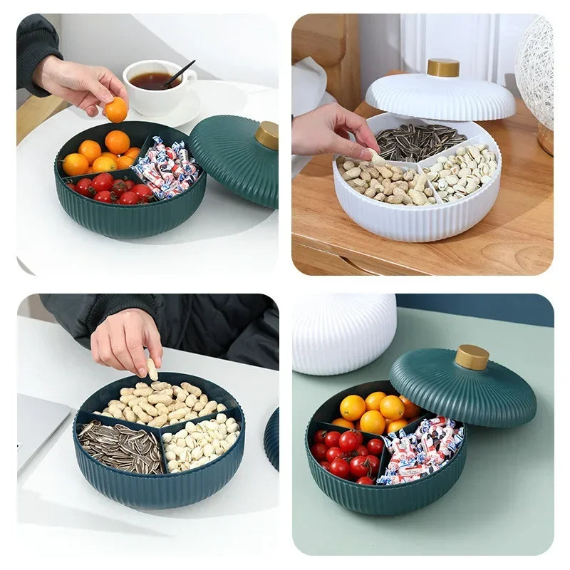 Servierschale mit Deckel – 4 Fächer – Aufbewahrungsbox für Snacks, Trockenfrüchte & Süßigkeiten – 21 x 13 cm