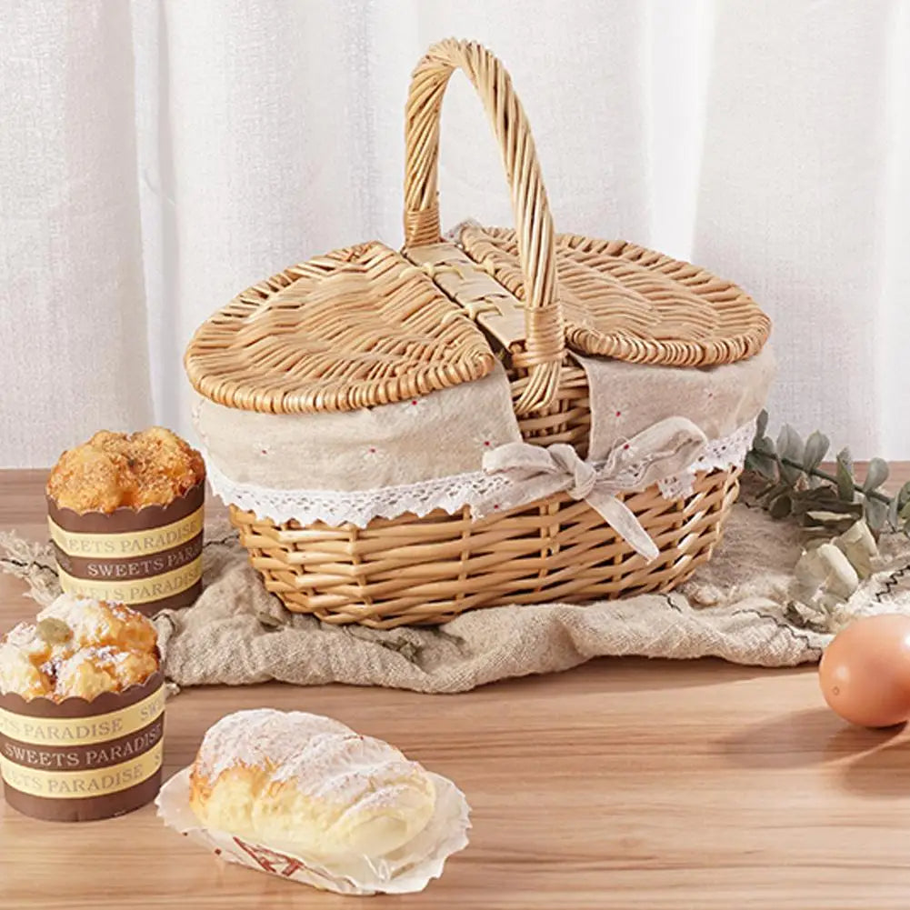 Handgemachte Rieten Picknickmand mit Deksel und Handvat, Wilg Geweven, Wasbare Voering, Opslagmand für Kamperen, 26x18x15cm, Weiß und Rot