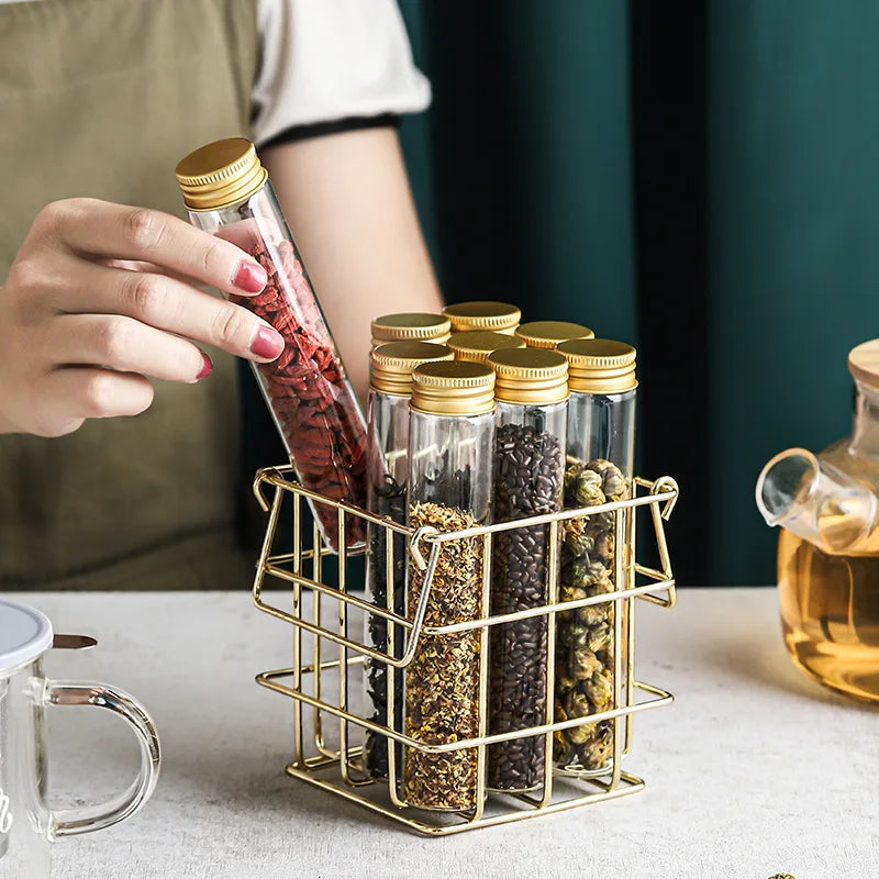 Aufbewahrungsbox mit 9 Glasflaschen und Aluminiumdeckeln – Tee- & Kaffee-Caddy mit Metallgestell