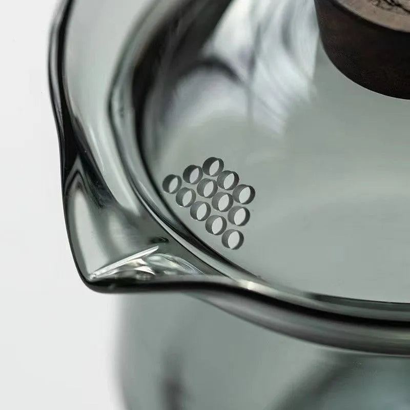Chinesische Gaiwan Tasse mit Holzisolierung, 200 ml Transparentes und Graues Teeset für unterwegs