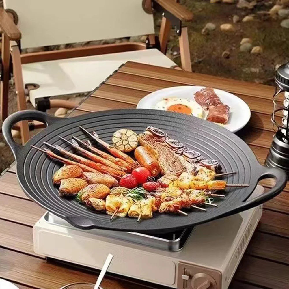 Gusseisen Grillpfanne 30 cm – Antihaft Bratplatte für BBQ, Koreanisches Grillen & Camping