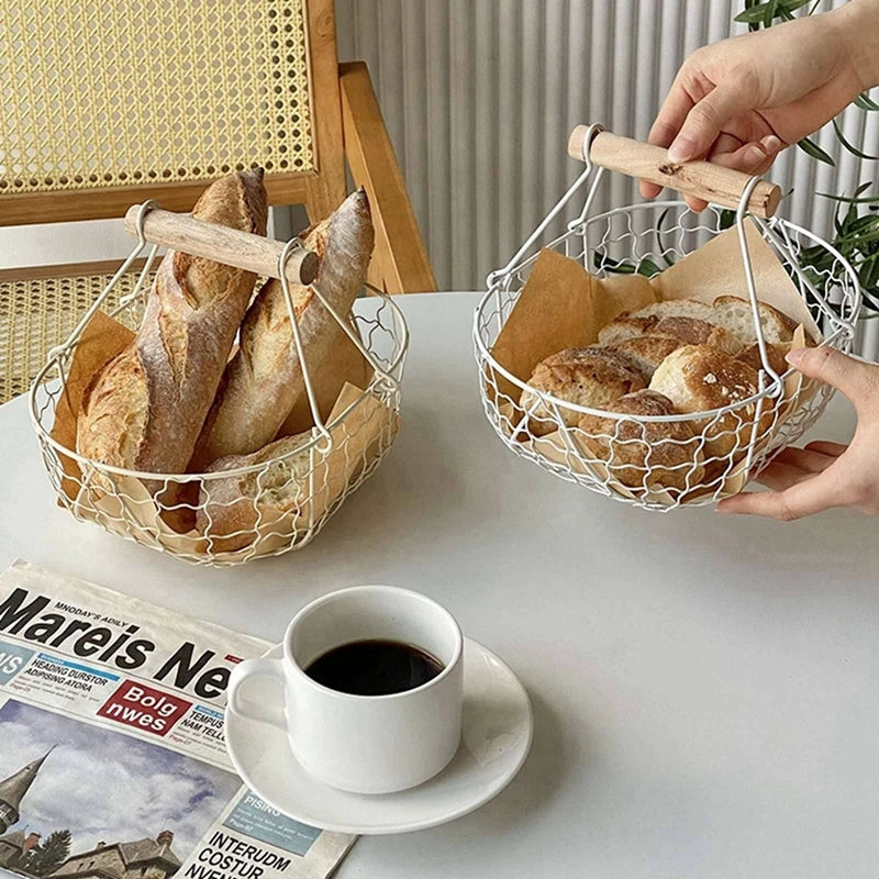 Metallkorb mit Holzgriff – Dekorative Servier- und Aufbewahrungskorb für Brot, Obst, Eier – Vielseitiger Organizer für Küche, Picknick und mehr