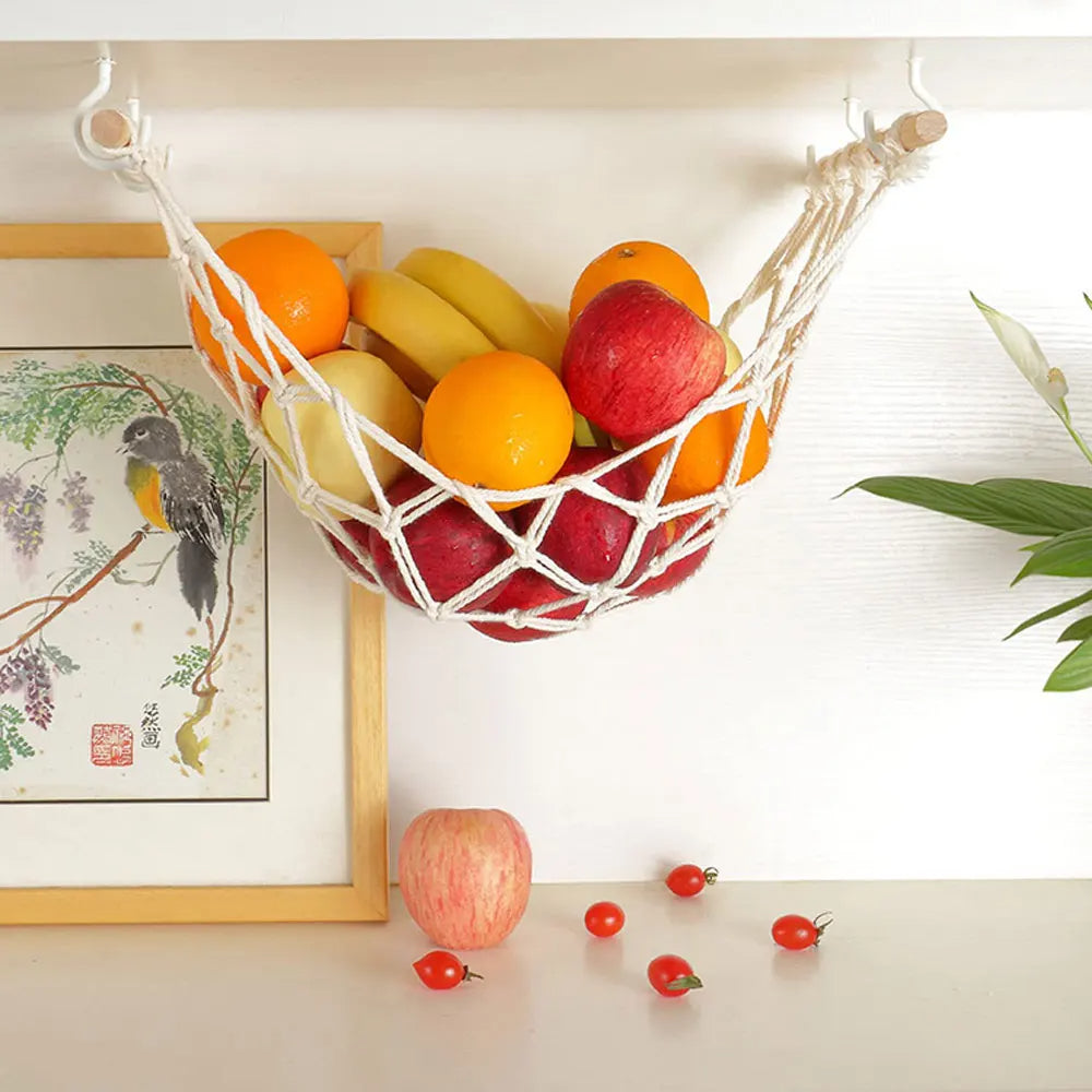 Hängende Obst-Hängematte – Platzsparende Küchenaufbewahrung, Boho Geflochtenes Design, Inklusive Haken (Gerade Enden / Abgerundete Enden)