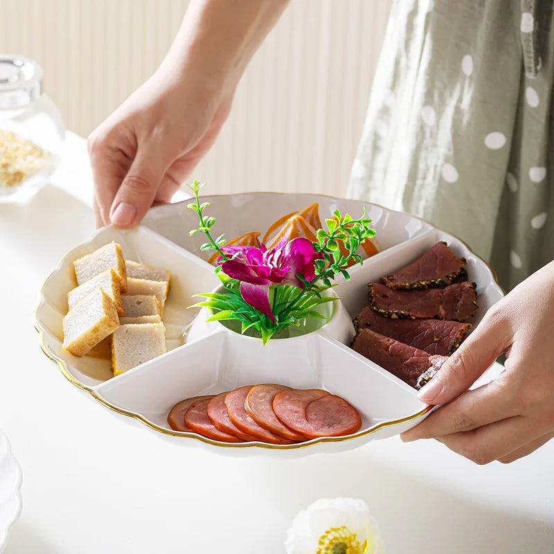 Keramische Servierplatte mit 5 Fächern – Geteilte Snackplatte für Trockenfrüchte & Beilagen – 25 cm