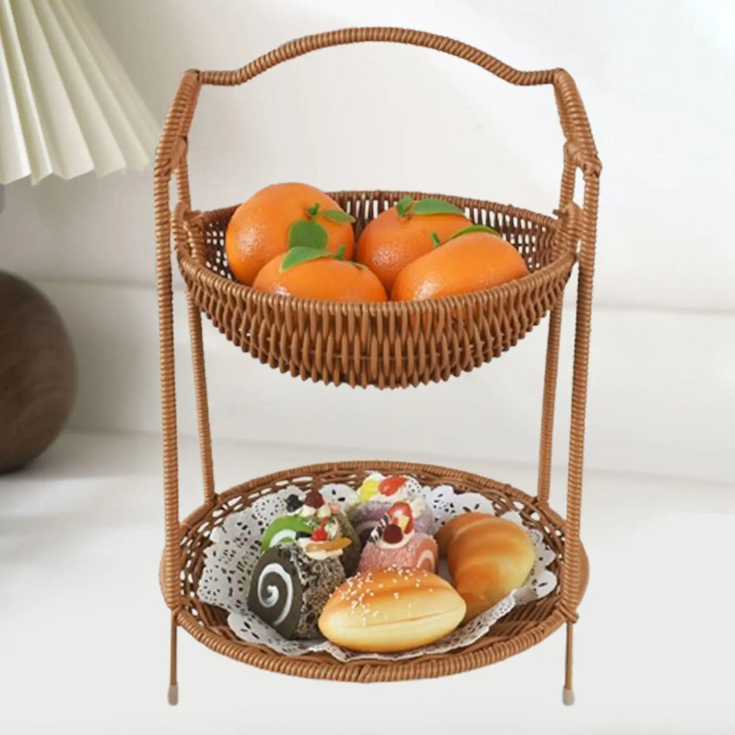 Zweistöckiger Obstkorb aus Imitat-Rattan – Küchenorganizer für Obst, Brot & Snacks
