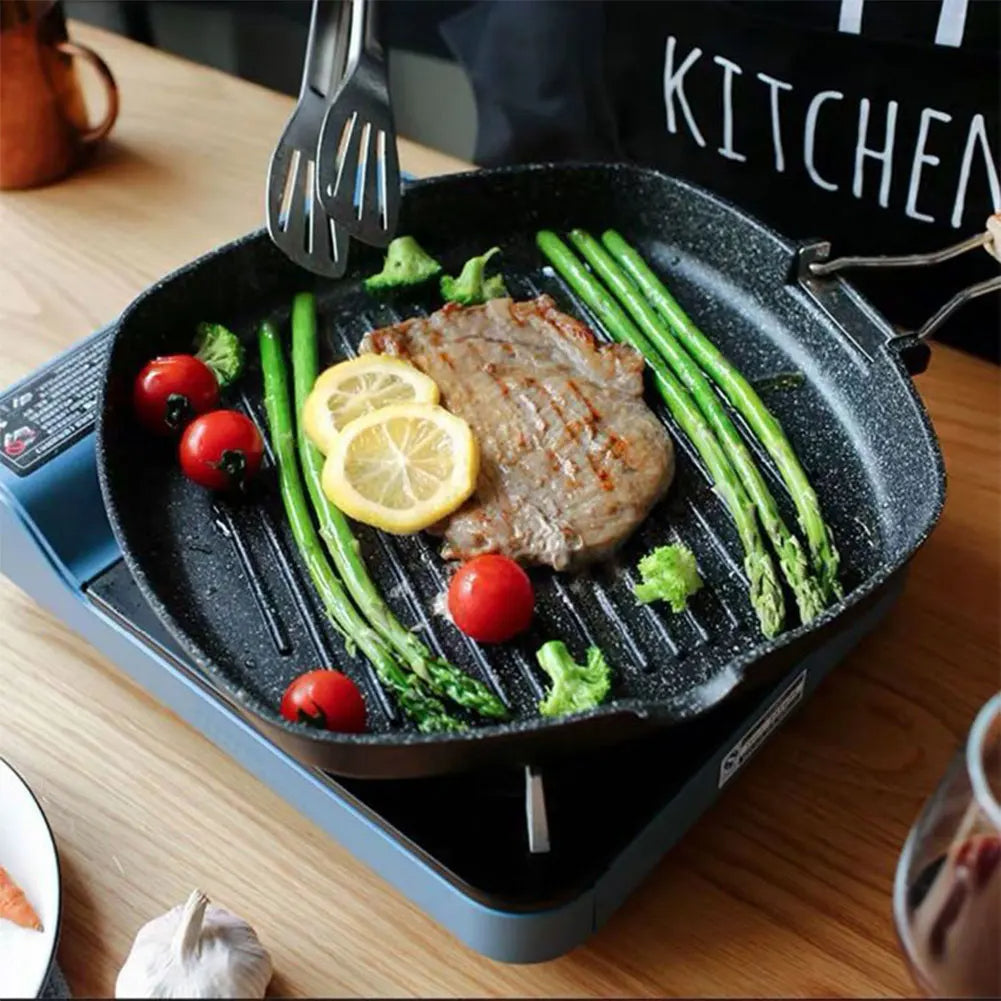 Grillpfanne mit Antihaftbeschichtung – Steakpfanne mit klappbarem Holzgriff – 28 x 24 cm – Geeignet für Fleisch, Fisch und Gemüse
