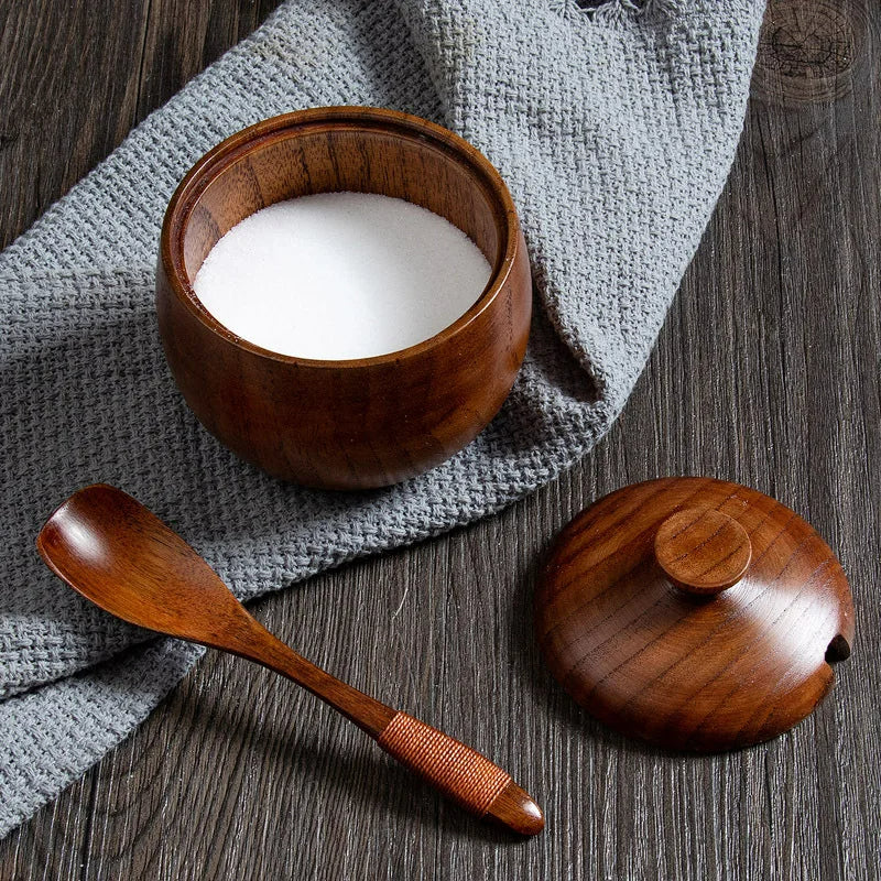 2er Set Küchen Kräuterpot mit Deckel und Löffel – Retro Holz Salz- und Gewürz Aufbewahrungstopf
