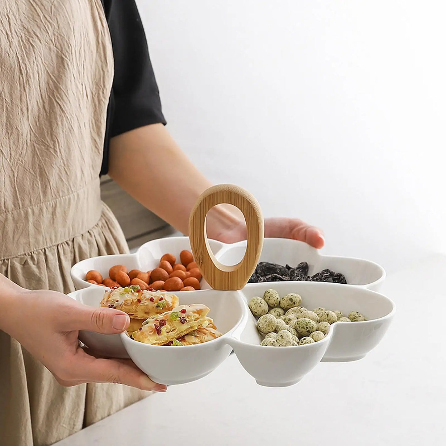 Keramische Snackschale – Geteiltes Serviertablett mit 4 Fächern, Bambusgriff, 27x13 cm