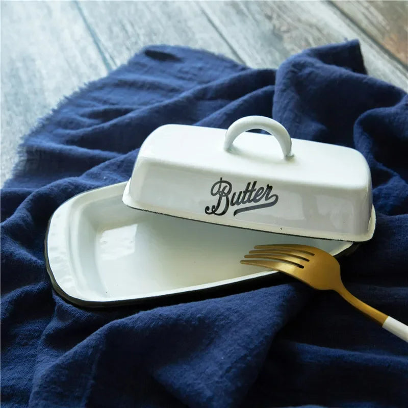 Retro Emaille Snackbox mit Deckel – Weiß/Grün – Butter- und Käsebox für Küche und Zuhause