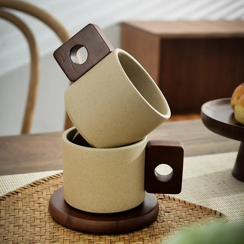 Vintage Kaffeetasse mit Holzgriff – Keramik, 300 ml, inkl. Serviertablett – Antikes Design für Zuhause & Büro