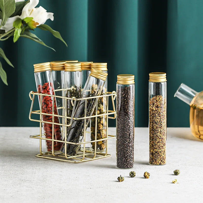 Aufbewahrungsbox mit 9 Glasflaschen und Aluminiumdeckeln – Tee- & Kaffee-Caddy mit Metallgestell