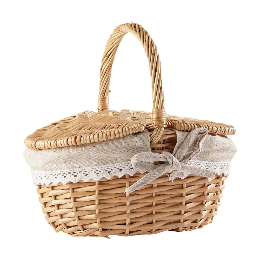 Handgemachte Rieten Picknickmand mit Deksel und Handvat, Wilg Geweven, Wasbare Voering, Opslagmand für Kamperen, 26x18x15cm, Weiß und Rot