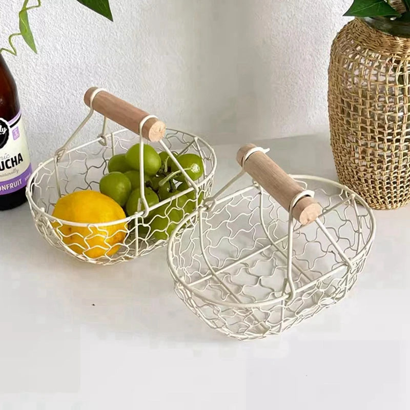 Metallkorb mit Holzgriff – Dekorative Servier- und Aufbewahrungskorb für Brot, Obst, Eier – Vielseitiger Organizer für Küche, Picknick und mehr