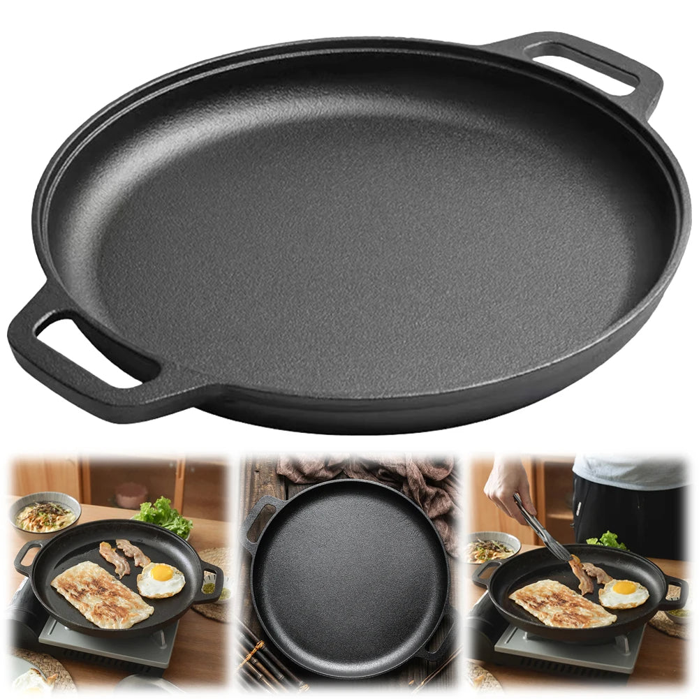 Gusseisen Pizzapfanne mit Antihaftbeschichtung – Runde Grillplatte mit Doppelgriff – 27,5 cm für Pizza, Pfannkuchen & BBQ