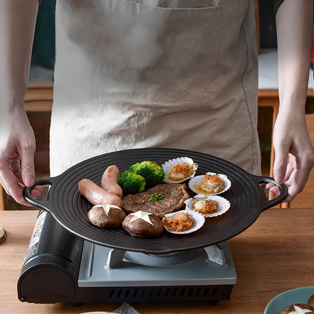 Gusseisen Grillpfanne 30 cm – Antihaft Bratplatte für BBQ, Koreanisches Grillen & Camping
