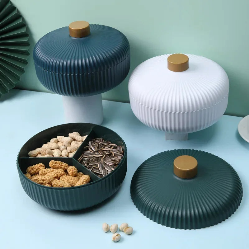 Servierschale mit Deckel – 4 Fächer – Aufbewahrungsbox für Snacks, Trockenfrüchte & Süßigkeiten – 21 x 13 cm