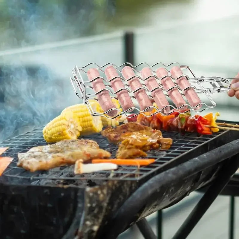 BBQ Grillkorb aus Edelstahl mit Holzgriff – 49,5 × 12 cm