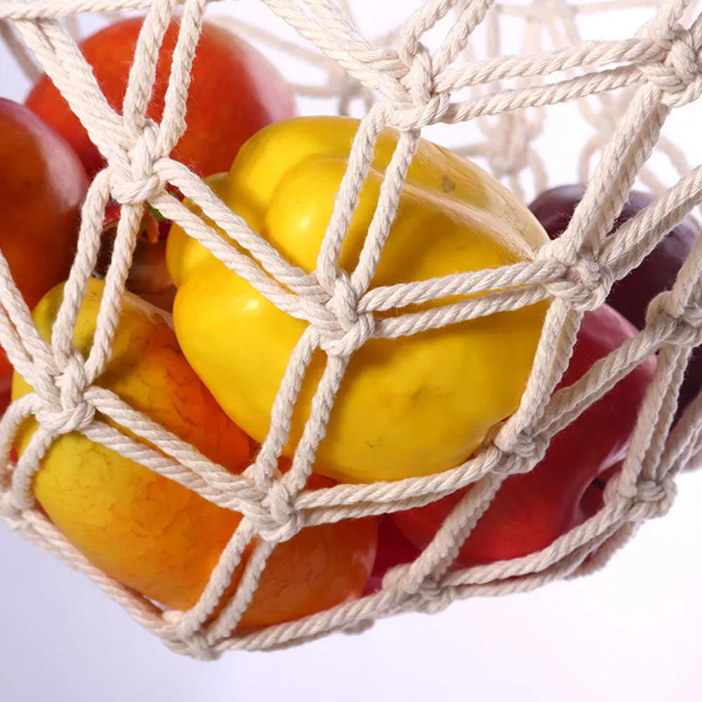 Hängende Obst-Hängematte – Platzsparende Küchenaufbewahrung, Boho Geflochtenes Design, Inklusive Haken (Gerade Enden / Abgerundete Enden)