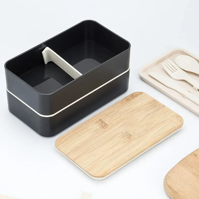 Doppellagige Bento Box 1200ml – Mikrowellengeeignete Lunchbox mit Besteck, Minimalistisches Design